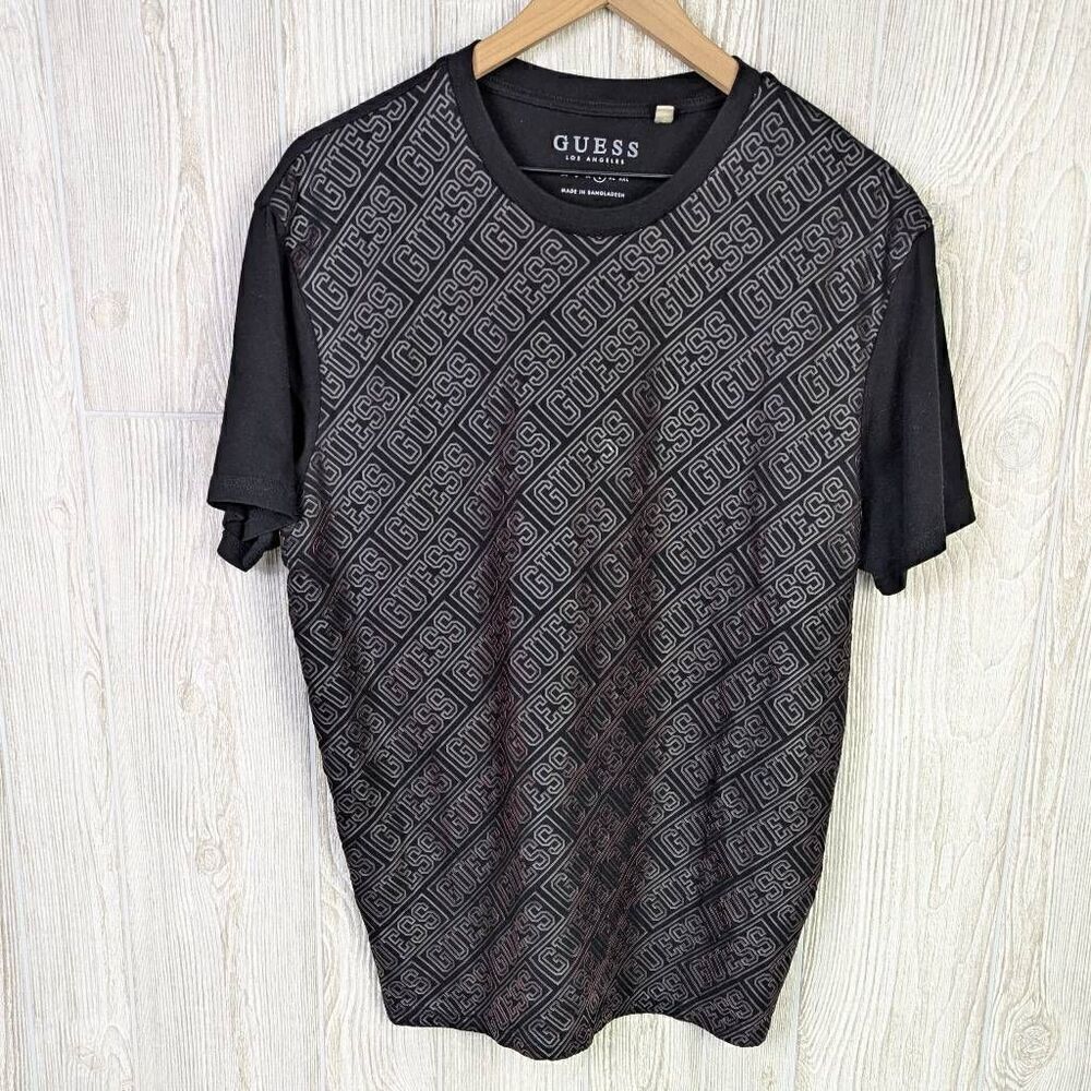Guess Men’s Large Black Grey Signature Logo Short Sleeve T-Shirt Crewneck